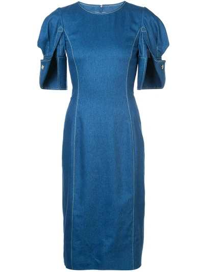 Shop Oscar De La Renta Puff-sleeve Midi Pencil Dress - Blue