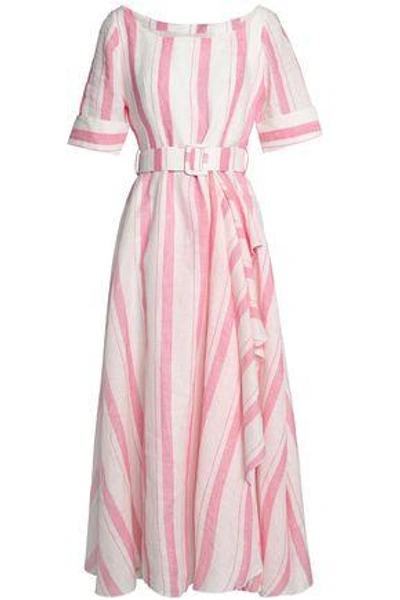 Shop Gül Hürgel Belted Striped Linen Midi Dress In Pink