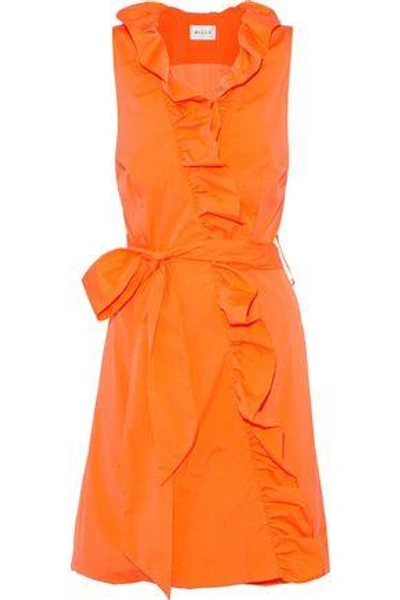 Shop Milly Woman Neon Ruffled Cotton-blend Poplin Wrap Mini Dress Orange