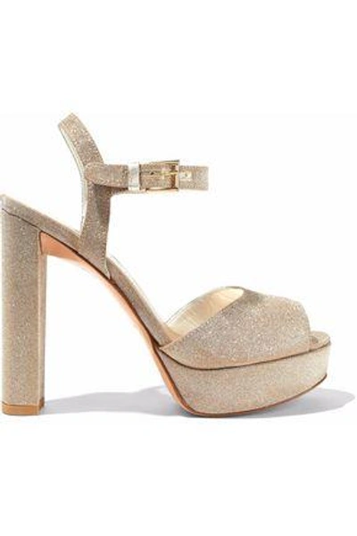 Shop Stuart Weitzman Woman Sashay Glittered Leather Platform Sandals Gold