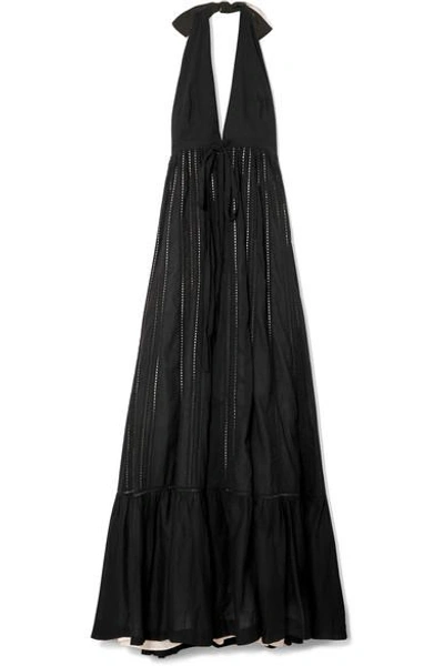 Shop Kalita Rooftop Runaway Lattice-trimmed Cotton-voile Halterneck Maxi Dress In Black