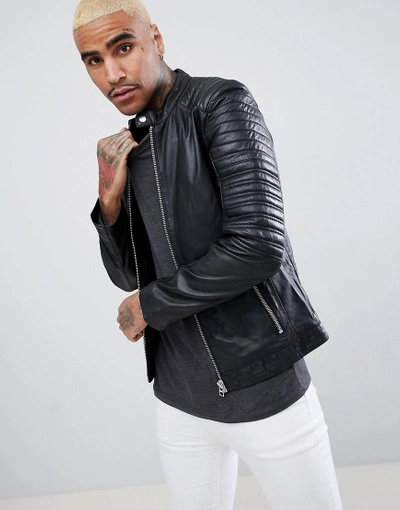 Shop Goosecraft Turin Leather Biker With Quilted Shoulders In Black - Black