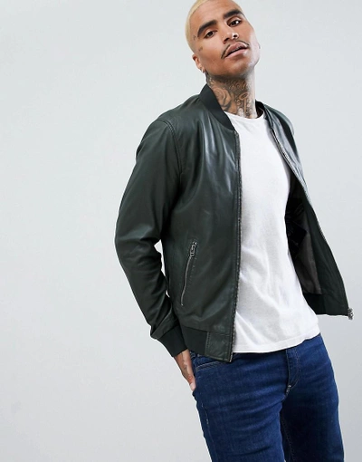 Shop Goosecraft Leather Bomber Jacket In Forest Green - Green