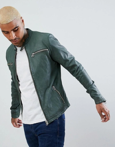 Shop Goosecraft Glasgow Leather Biker Jacket In Dark Green - Green