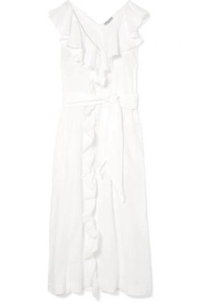 Shop Three Graces London Mable Ruffled Linen Midi Dress In White