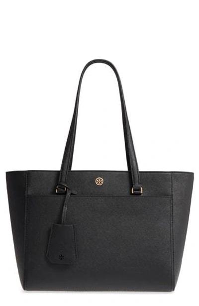 Shop Tory Burch Small Robinson Leather Tote - Black In Black / Royal Navy