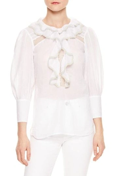 Shop Sandro Ruffle Bishop Sleeve Cotton Blouse In White