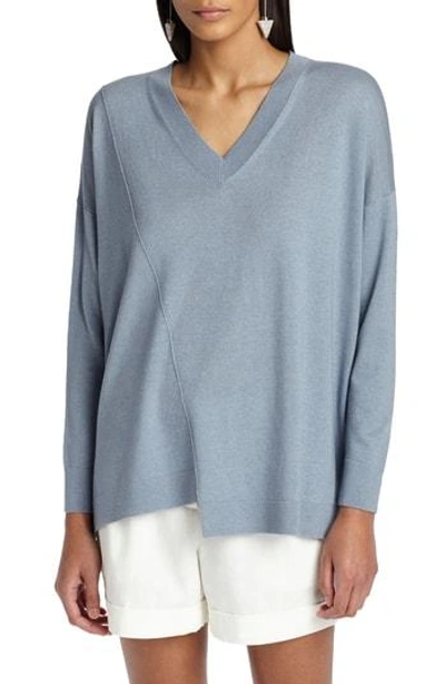 Shop Lafayette 148 Asymmetrical Cashmere & Silk Blend Sweater In Slate Blue