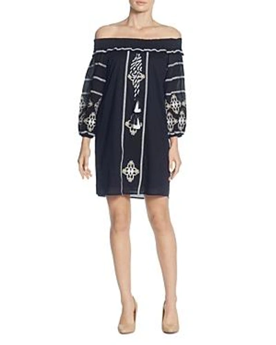 Shop Catherine Catherine Malandrino Muriel Off-the-shoulder Embroidered Dress In Black/natural