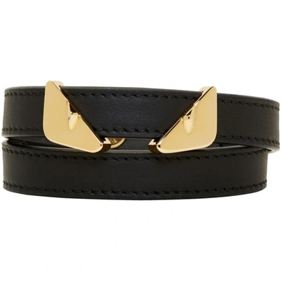 Shop Fendi Black Leather Bag Bugs Double Wrap Bracelet In F08vb Black