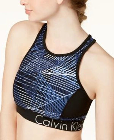 Shop Calvin Klein Performance Connection Printed Racerback Medium-support Sports Bra In Alloy Combo