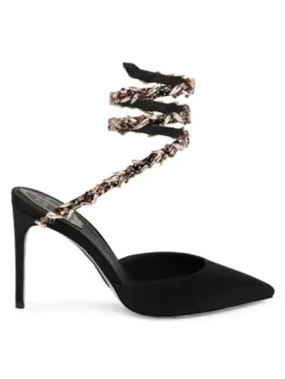 Shop René Caovilla Crystal Snake Satin Point-toe Pumps In Black