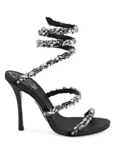 Shop René Caovilla Cleo Ankle-wrap Crystal-embellished Satin Sandals In Black