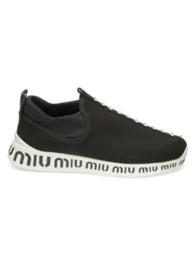 Shop Miu Miu Jeweled Stretch Logo Sneakers In Black