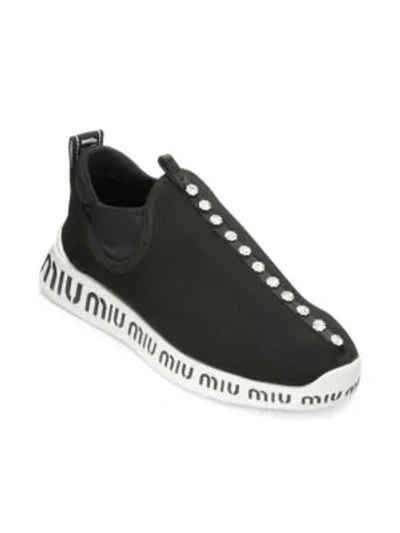 Shop Miu Miu Jeweled Stretch Logo Sneakers In Black