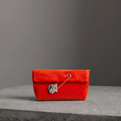 Shop Burberry The Small Pin Clutch In Velvet In Orange Red