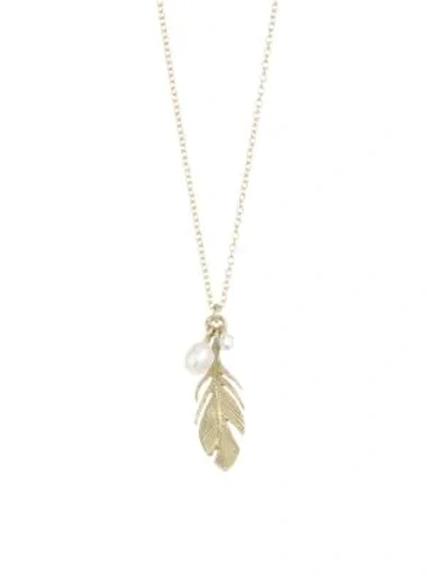 Shop Annette Ferdinandsen Fauna Feather Diamond & Pearl Pendant Necklace In Yellow Gold