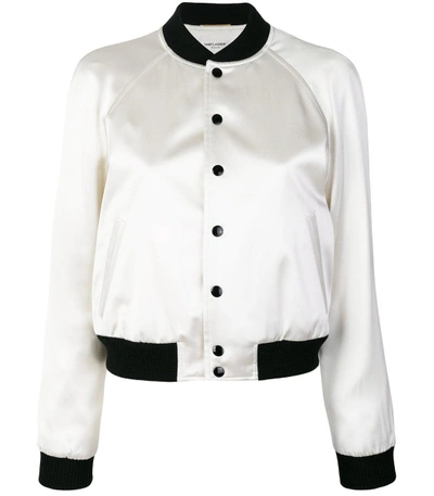 Shop Saint Laurent White Satin Bomber Jacket