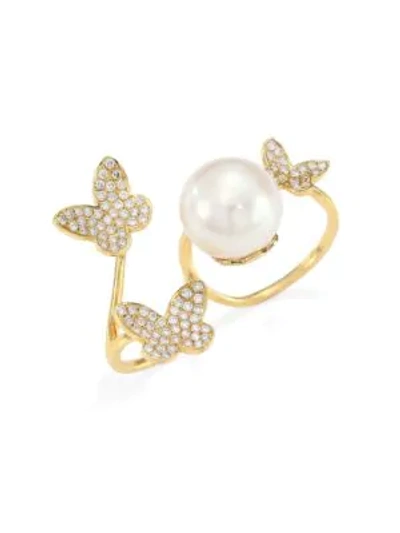 Shop Yoko London Women's 18k Yellow Gold, 13mm Cultured South Sea Pearl & Diamond Double Ring