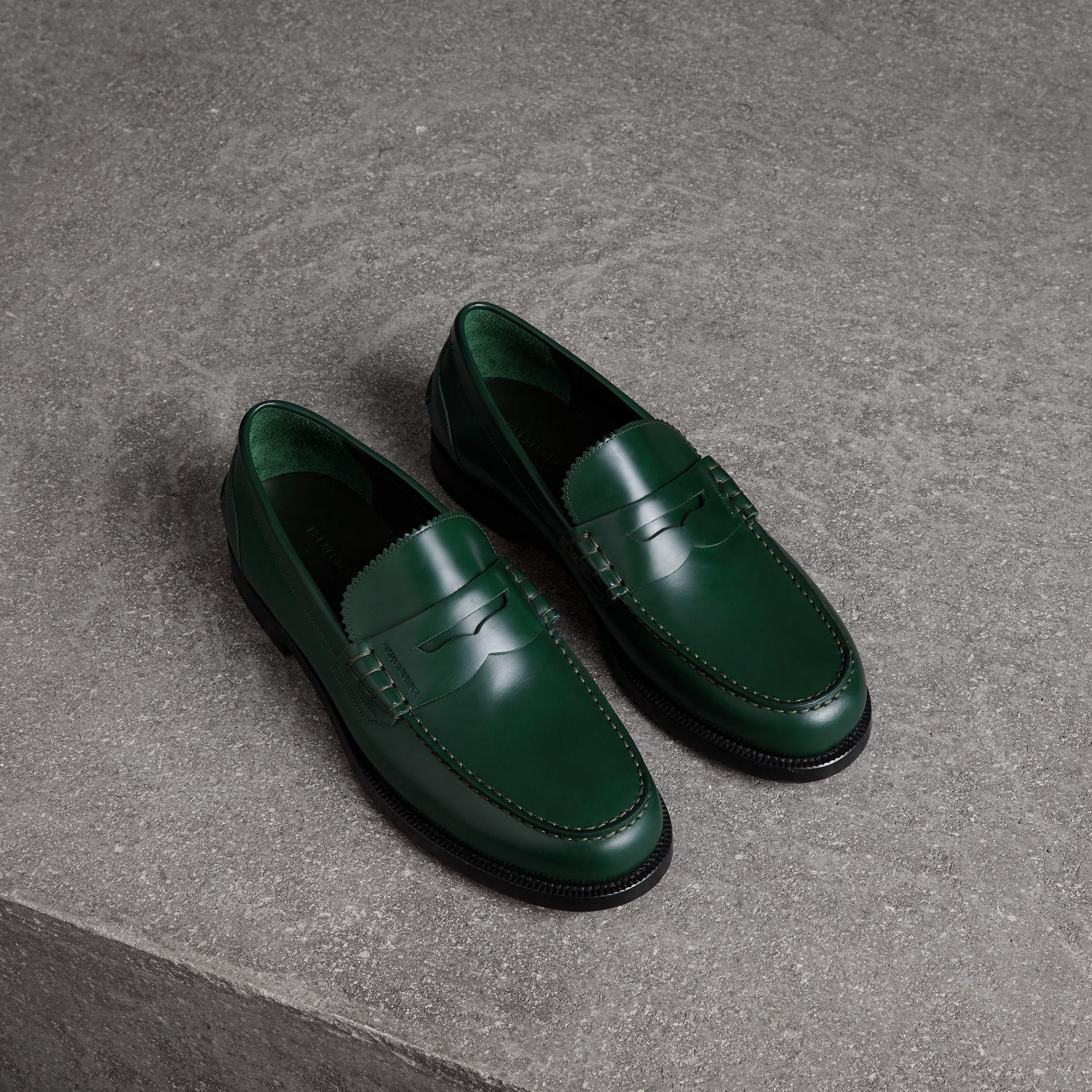 green penny loafers