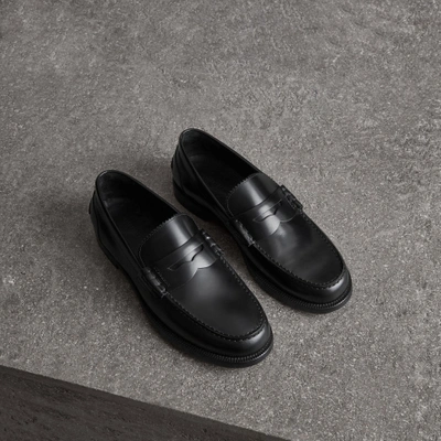 Shop Burberry Leather Penny Loafers In Black