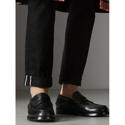 Shop Burberry Leather Penny Loafers In Black