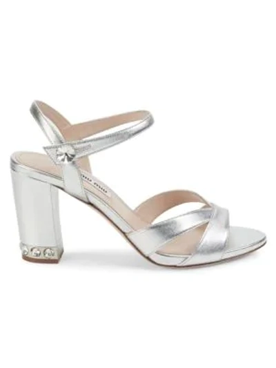 Shop Miu Miu Metallic Leather Block Heel Sandals In Silver