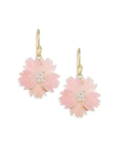Shop Annette Ferdinandsen Flora Pink Conch Shell Flower Drop Earrings In Yellow Gold