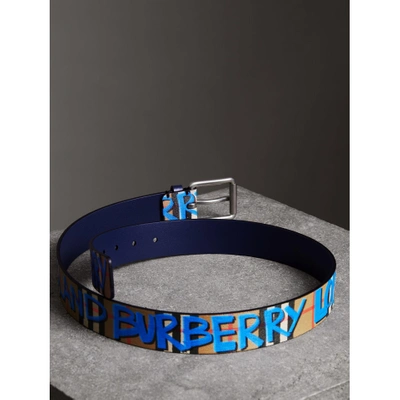 Shop Burberry Graffiti Print Vintage Check Leather Belt In Canvas Blue/antique Yellow