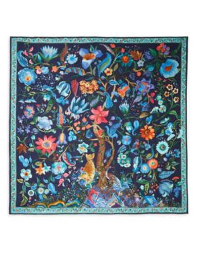 Shop Ferragamo Tree Of Life Silk Scarf In Navy