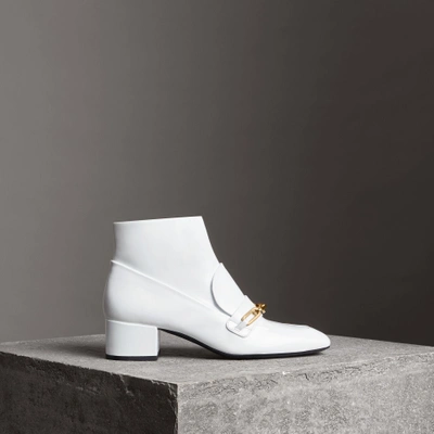 Shop Burberry Link Detail Patent Leather Ankle Boots In Optic White