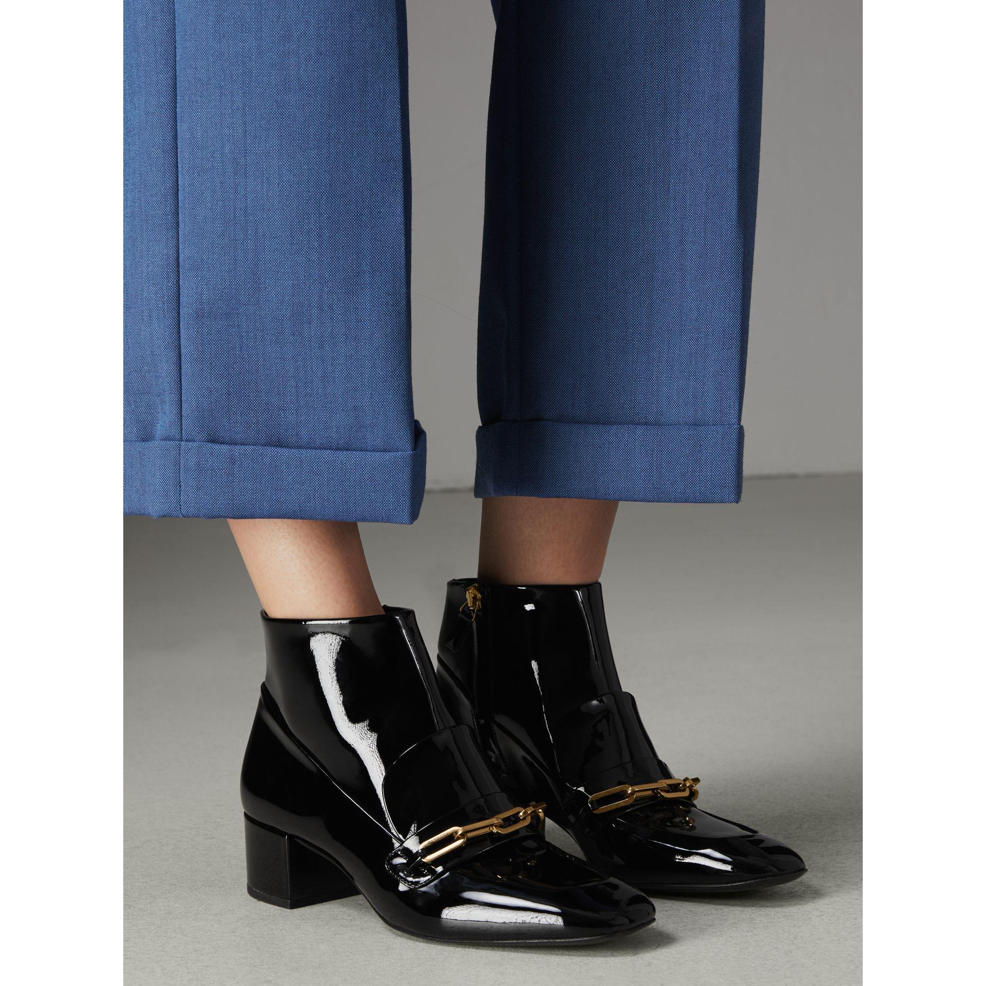 burberry link detail patent leather ankle boots