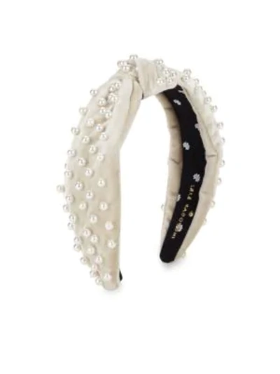 Shop Lele Sadoughi Pearl & Velvet Headband In White