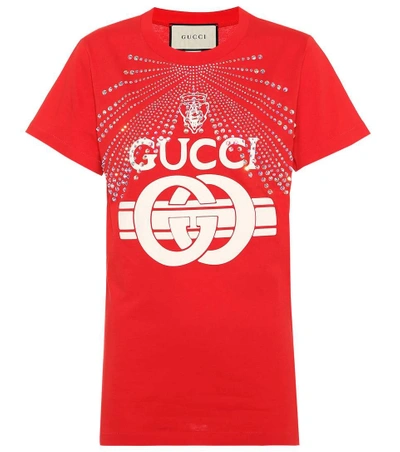 Shop Gucci Embellished Cotton Logo T-shirt In Red