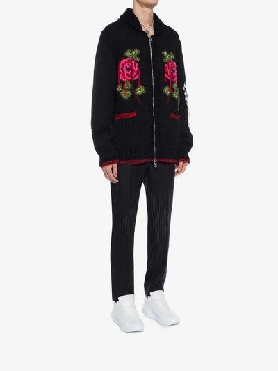 Shop Alexander Mcqueen Rose Embroidered Chunky Knit In Black/lust Red/multicolor