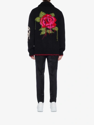 Shop Alexander Mcqueen Rose Embroidered Chunky Knit In Black/lust Red/multicolor