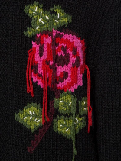 Shop Alexander Mcqueen Rose Embroidered Chunky Knit In Black/lust Red/multicolor