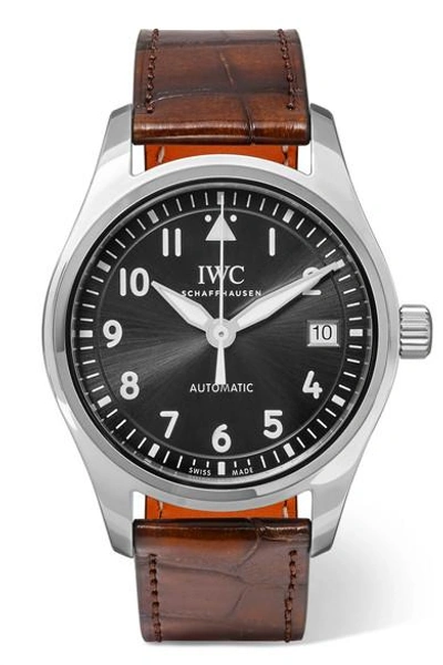 Shop Iwc Schaffhausen Pilot's Automatic 36mm Stainless Steel And Alligator Watch In Silver