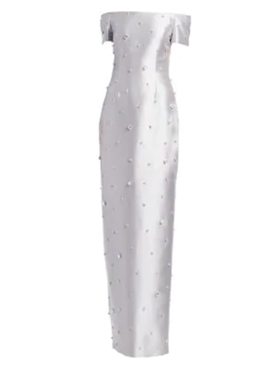 Shop Catherine Regehr Embellished Off-the-shoulder Gown In Silver