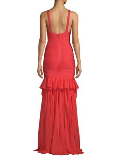 Shop Herve Leger Bandage Chiffon Ruffle Gown In Coral Poppy