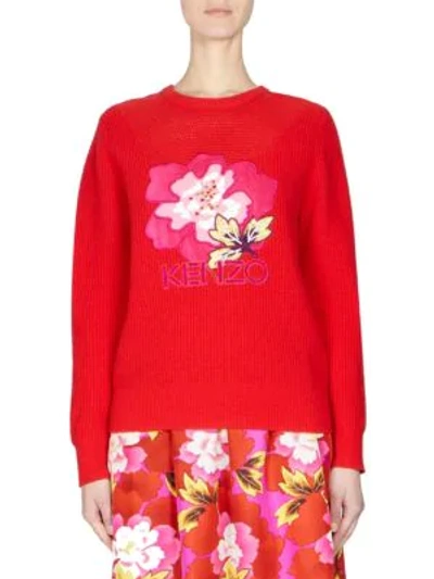 Shop Kenzo Floral Knit Sweater In Medium Red