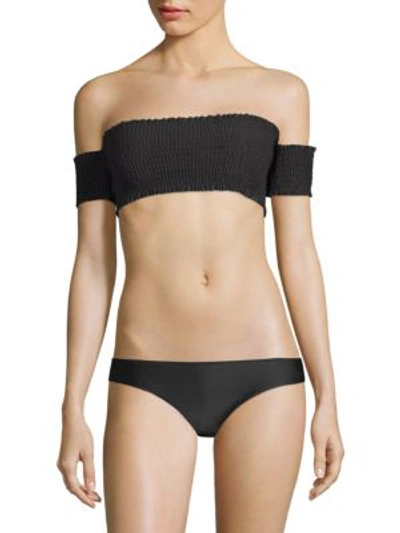 Shop Pilyq Smocked Off-the-shoulder Bikini Top In Midnight
