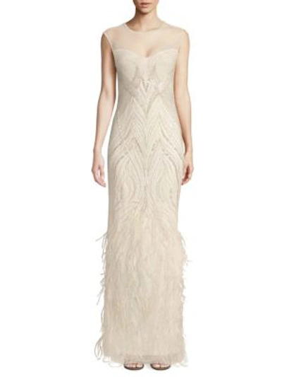 Shop Parker Black Allie Beaded Feather Gown In Champagne