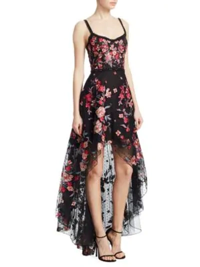 Shop Marchesa Notte Embroidered High-low Sleeveless A-line Dress In Black