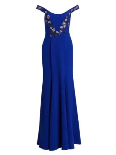 Shop Marchesa Notte Embroidered Beaded Appliqué Off-the-shoulder Gown In Royal