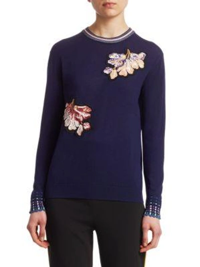 Shop Peter Pilotto Embroidered Day Wool Knit Pullover In Navy
