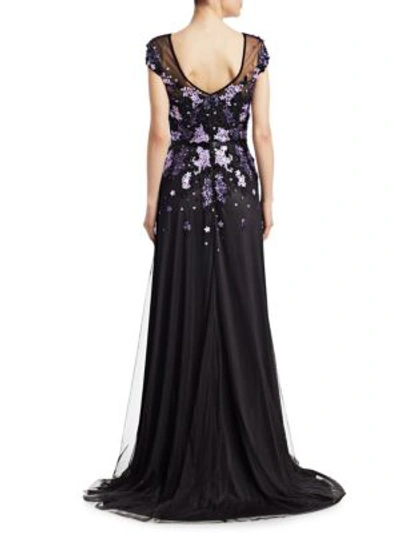Shop Theia Embellished Cap-sleeve Gown In Black Violet