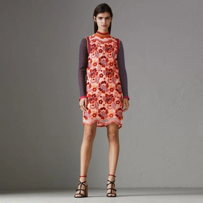 Shop Burberry Floral Crochet Shift Dress In Bright Orange