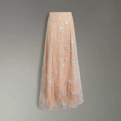 Shop Burberry Equestrian Knight Embroidered Tulle Skirt In Nude/silver