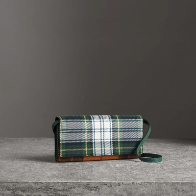 Shop Burberry Tartan Cotton And Leather Wallet With Chain In Green/multicolour